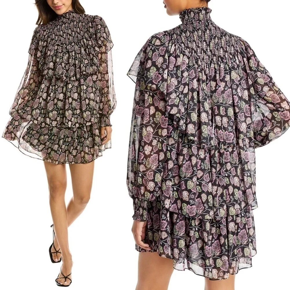 NWT CINQ A SEPT Boho Floral Ruffle Puffed Long Sleeve Smocked High‎ Neck Dress 8